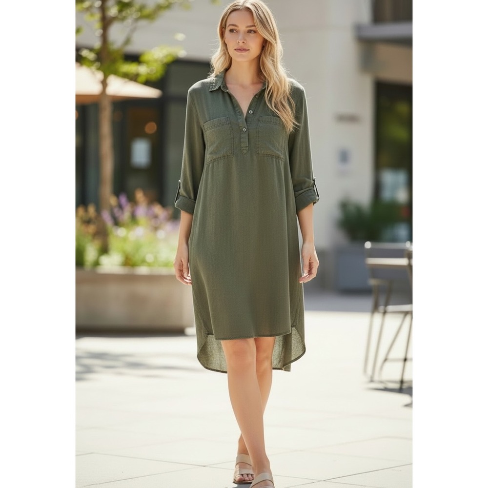 Cotton On Womens Olive Green Shirt Dress Long Sleeve Roll Tab High Low Size S